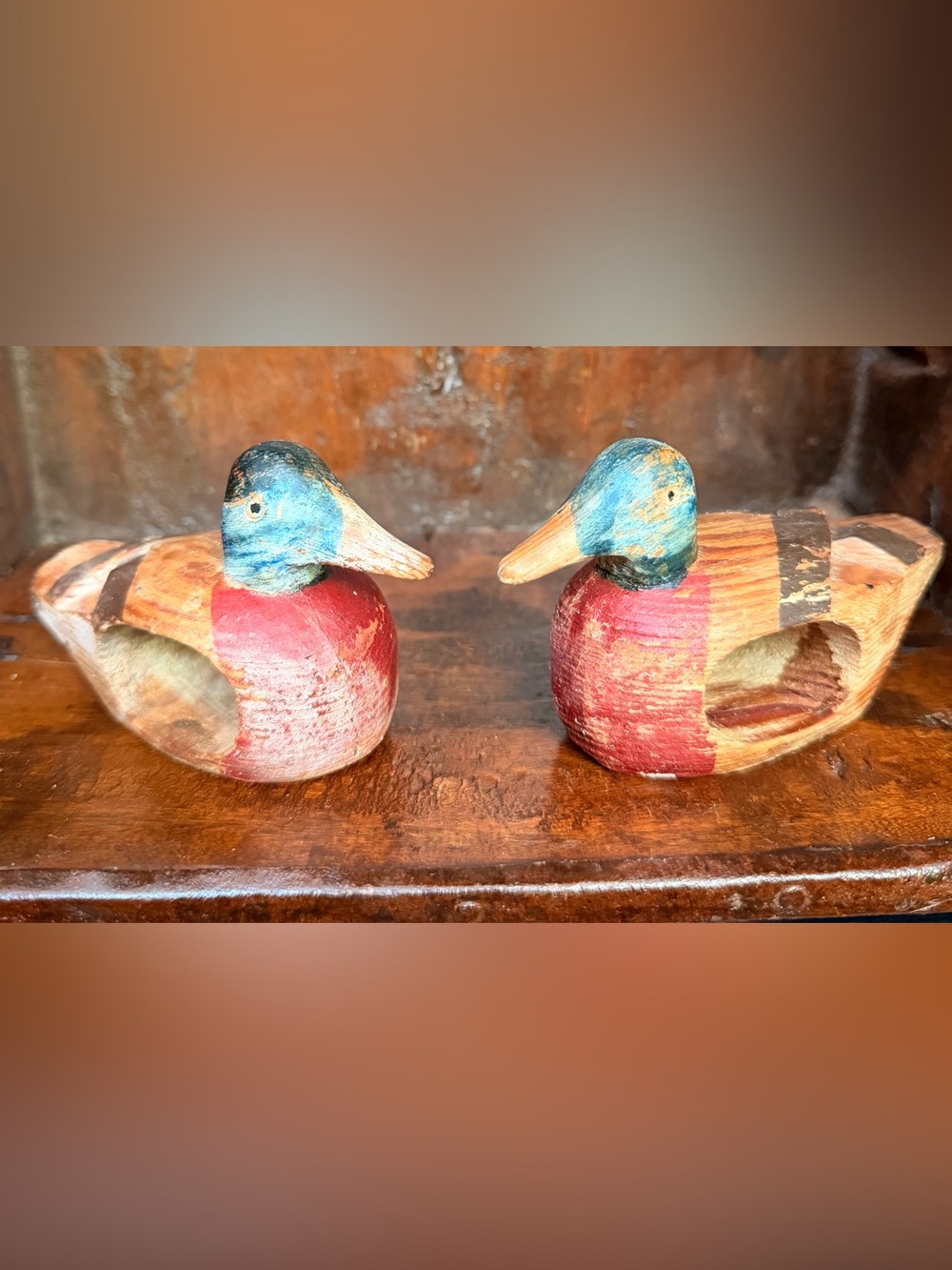 Vintage Rustic Patina Hand-Carved Wooden Mallard Napkin Ring Pair